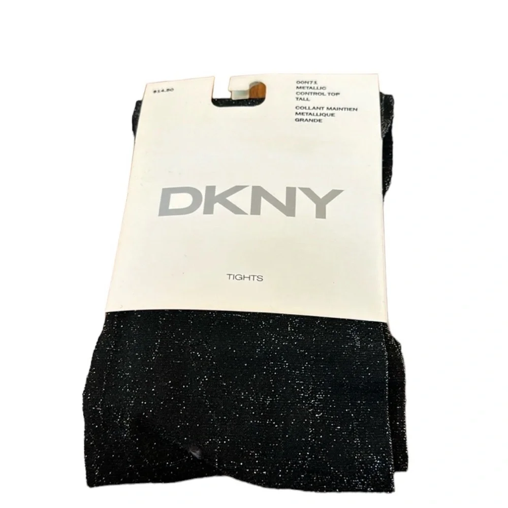 DKNY Metallic Control Top Tights. Black. Size Tall. NWT